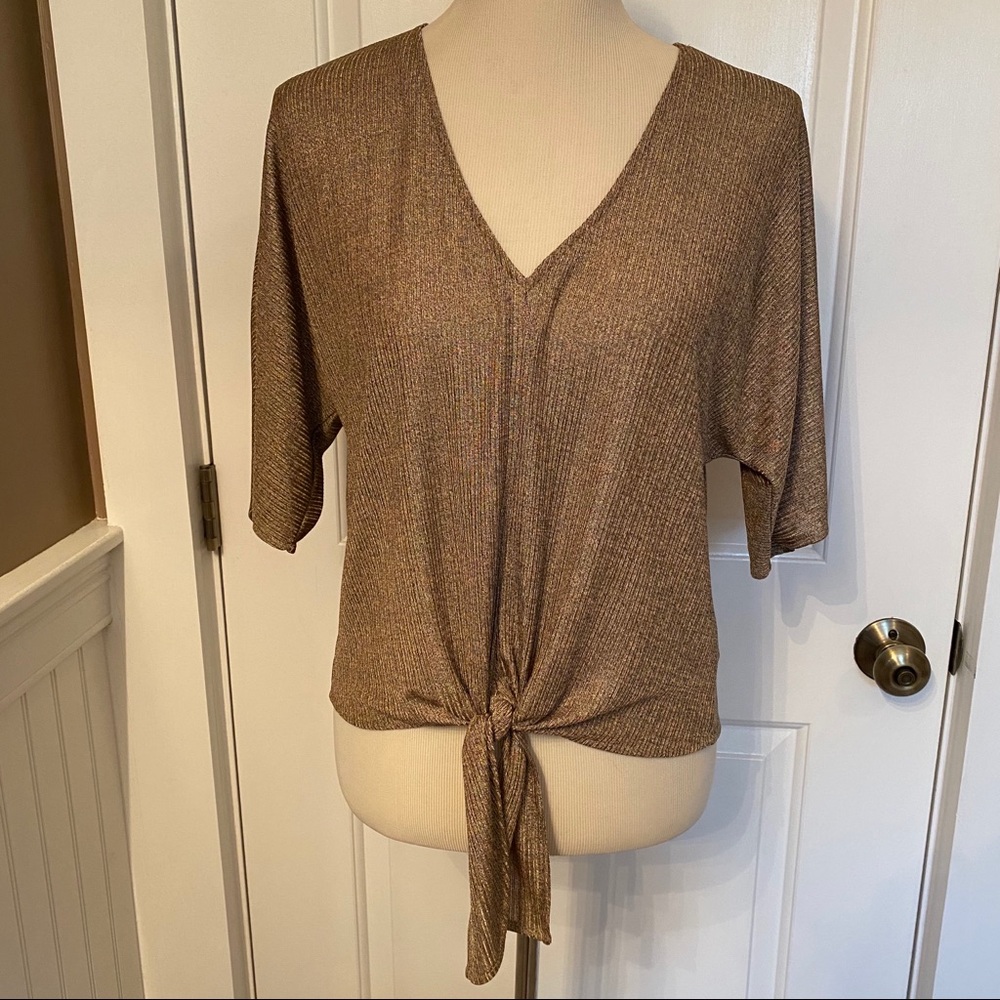 VERONICA M. TOP GOLD METALLIC V-NECK TIE WAIST DOLMAN SHORT SLEEVE Size XS